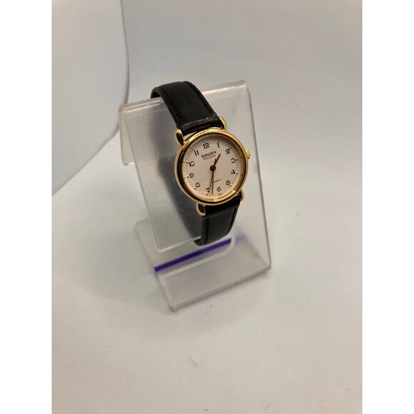 Women's Watch Lot of (2) Gold Tone BLACK LEATHER Gruen Diamon Analog - Picture 8 of 12